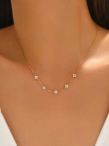 1 pieza Collar con colgante de flor de 5 hojas de acero inoxidable para mujer, chapado en oro de 18K, joyería de moda - Dorado - Ver 6