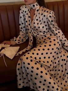 Vintage Polka Dot Maxi Dress, Puff Sleeve V-Neck With Neck Tie For Retro Style - White - View 2