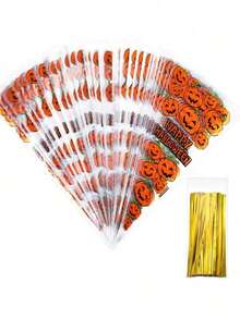 Funny 50 Pack Halloween Plastic Bags Halloween Cellophane Bags With 50 Golden Ties Halloween Party Favors There Are 5 Styles To Choose From Valentine's Day, Halloween,, Thanksgiving, Autumn, Easter And Birthday Gifts - Pumpkin Bag - View 7
