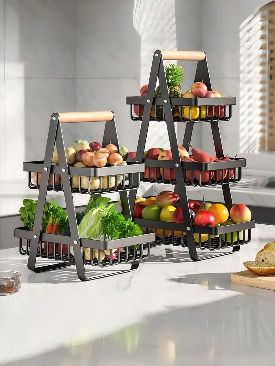 1 pieza Cesta de gran capacidad para verduras y frutas, material metálico, mango de madera, diseño de fondo de malla, transpirable y a prueba de humedad para reducir la putrefacción, adecuada para el hogar, fiestas, bares y talla grande ocasiones, colador, frutero, estante, estante de almacenamiento de cocina, vuelta a la escuela