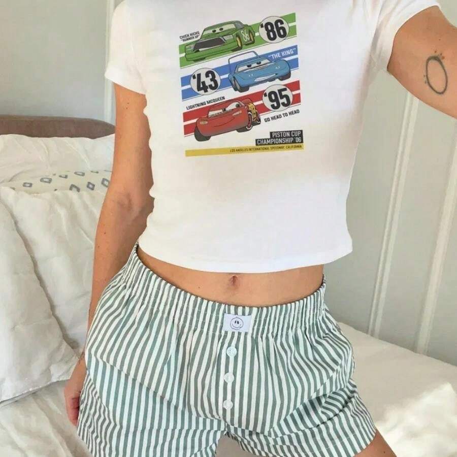 Cars Champions Crop Tank, Dis Radiator Springs Baby Tee, Ligh McQueen Crop, Tow Mater Tank Top, Race Cars Shirt, Piston Cup Champ - 白色 - 查看 1