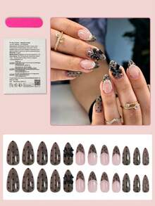 24pcs Medium Black French Stiletto Faux Nails With Elegant Polka Dot Pattern, Suitable For Women & Girls For Daily, Date, Office, Family Gathering - Black - View 2