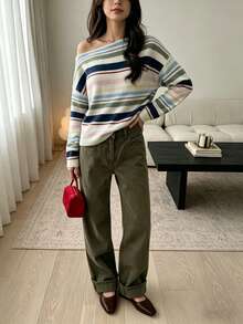Lubi Women's Spring Early Autumn Fashion Colorful Striped Asymmetric Neck Collar Wide Long Sleeve Short Knit Fabric Pullover Top, Suitable For Daily, Office, Date, Street, Travel - Multicolor - View 9