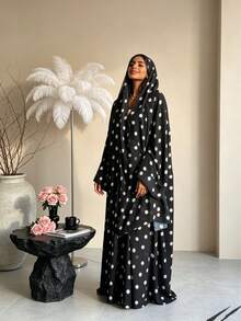 Polka Dot Print Open Front Abaya Kimono, Wide Flare Sleeve Loose Modest Muslim Long Outerwear Cardigan For Daily Holiday Occasions - Multicolor - View 20