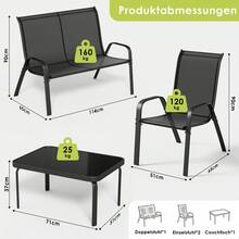 4-Piece Garden Furniture Set For 4 People, Outdoor Seating Group With 1 Garden Bench, 2 Chairs & 1 Glass Table, Weatherproof Textilene, Modern Lounge Balcony Furniture For Small Balconies & Terraces - 黑色 - 查看 9