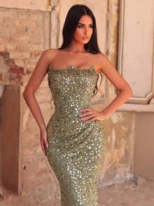 Elegant Strapless Glitter Mermaid Evening Gown - Pearl Neckline, Ruched Waist Party Wedding - Olive Green - View 2