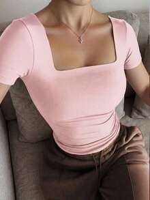 Blusa de manga corta y cuello redondo casual y elegante, adecuada para uso diario, ir al trabajo y salir, primavera/verano - Rosa - Ver 2