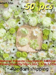 15/50入綠色人造花頭DIY套組，適用於製作花環、節日與生日派對裝飾、婚禮新娘手腕花、花藝材料、居家與花店使用、花園裝飾、母親節裝飾及四季通用 - 綠 - 查看 7