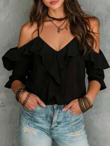 Blusa de hombros descubiertos ribete con fruncido - Negro - Ver 2