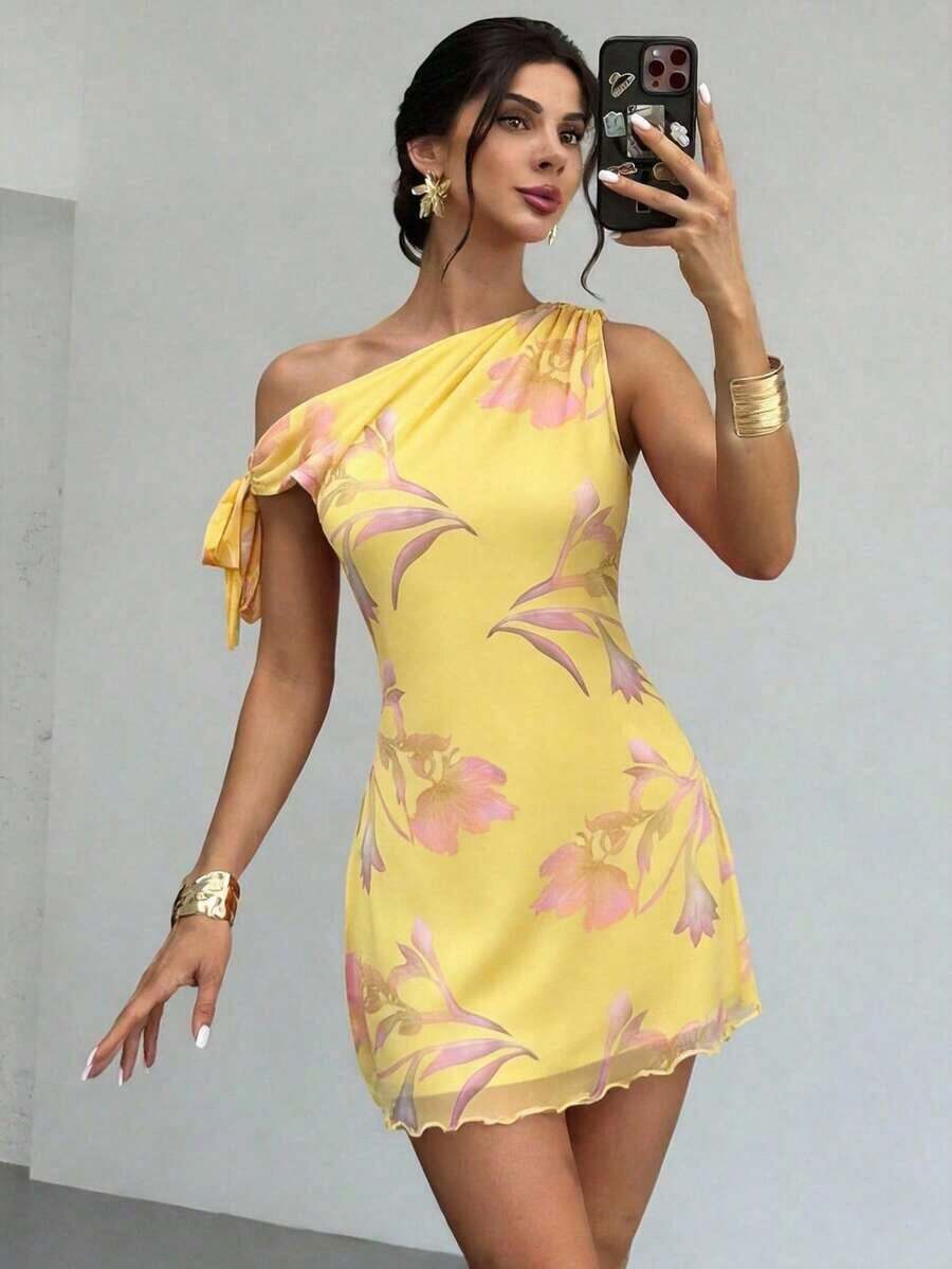 Vestido mini elegante y sexy de flores con hombros descubiertos para vacaciones, vestido de malla floral, vestido con cuello asimétrico, para primavera/verano, atuendo de playa, elegante, sexy, vacaciones, playa, Hawái, cita, fiesta, festival de música, graduación, baile de graduación - Amarillo 3 - Ver 1