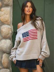 Women American Flag Off Shoulder Knit Sweater, Oversized Star Stripe Long Sleeve Loose Pullover, Patriotic Jumper For 4th Of July Daily Casual Wear - 淺灰色 - 查看 1