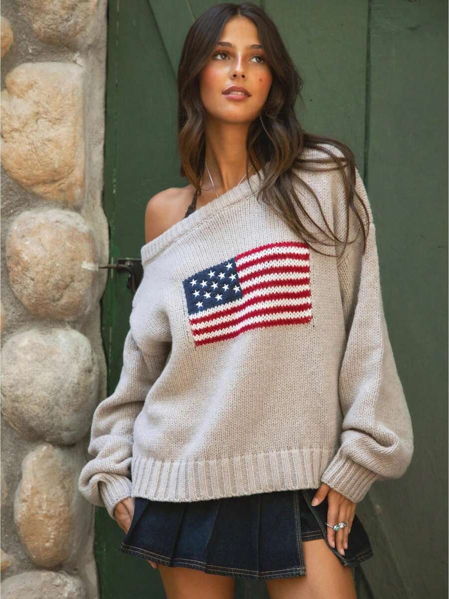 Women American Flag Off Shoulder Knit Sweater, Oversized Star Stripe Long Sleeve Loose Pullover, Patriotic Jumper For 4th Of July Daily Casual Wear - 淺灰色 - 查看 1