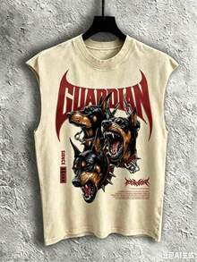 2026 New Summer Men's Sleeveless T-Shirt 230g Washed, Guardian's Wild Power Pattern-Printed Vest, Men's Washed Vintage Tank Top, Washed Cotton Fabric, Outdoor Sports And Fitness Apparel, Popular Streetwear Recommendation, Loose Washed Tank Top For Men - Màu be - Xem 8