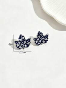 2pcs Fashionable Maple Leaf Stud Earrings, Minimalist Design With Sparkling Rhinestones, Elegant For Daily Wear - Navy Blue - View 5