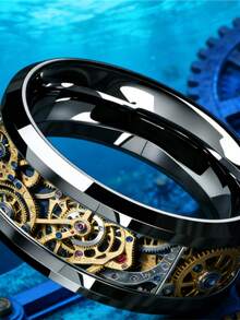 8mm Black Tungsten Carbide Ring With Beveled Edge, Hollow Gear Pattern Design, Industrial Style Unisex Band, Suitable Gift For Steampunk Enthusiasts - Silver - View 1