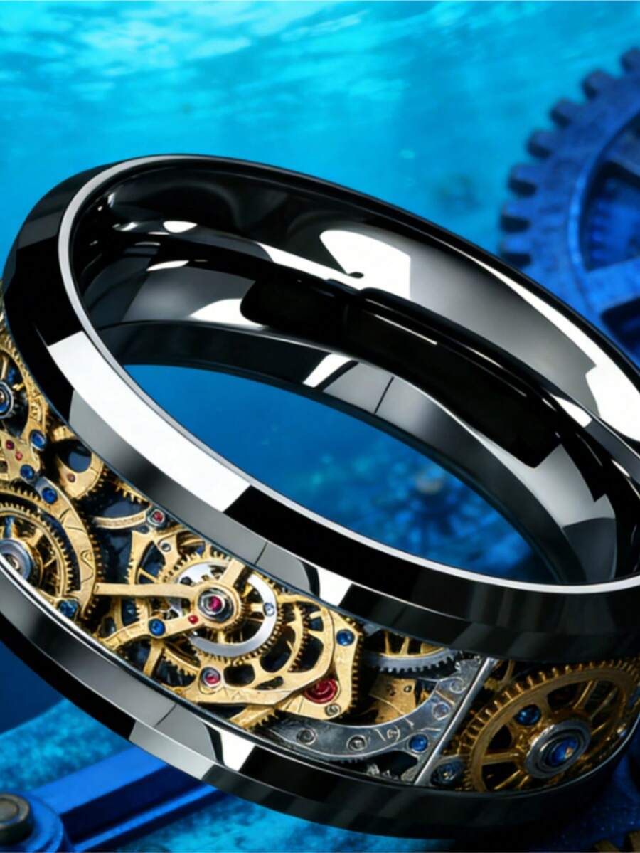 8mm Black Tungsten Carbide Ring With Beveled Edge, Hollow Gear Pattern Design, Industrial Style Unisex Band, Suitable Gift For Steampunk Enthusiasts - Silver - View 1