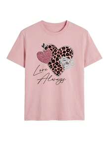 "Love Always" Leopard Print Heart Pattern T-Shirt, Sweet Style Glitter Print T-Shirt, Romantic Style Top For Girls Pink Casual Summer - Pink - View 3