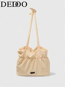 Dedoo Bolso de lona con lunares, bolso de hombro plegable de gran capacidad, adecuado para estudiantes, diseño de cordón con nubes arrugadas, estilo coreano - Amarillo - Ver 2