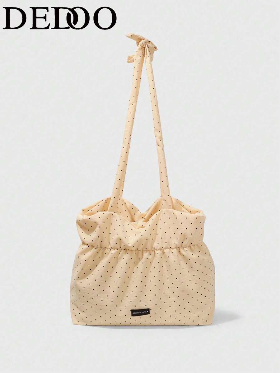 Dedoo Bolso de lona con lunares, bolso de hombro plegable de gran capacidad, adecuado para estudiantes, diseño de cordón con nubes arrugadas, estilo coreano