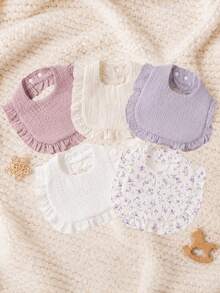 5pcs Soft Breathable Bibs With Floral Ruffled Edge, Absorbent Gauze Baby Drool Bibs, Newborn Gift Set, Cute Printed Feeding Bibs For Babies - Multicolor - View 1