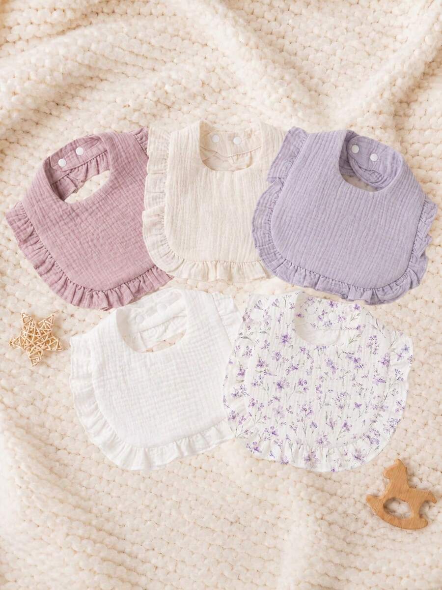 5pcs Soft Breathable Bibs With Floral Ruffled Edge, Absorbent Gauze Baby Drool Bibs, Newborn Gift Set, Cute Printed Feeding Bibs For Babies - Multicolor - View 1