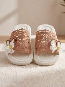 3-12 Years Old Children's New Hot-Selling Caramel Color Flip-Flops. Caramel Color Hollow Lace + Wavy Lace + Rabbit + Polka Dot Mesh Flower Decoration. Thick Anti-Slip Sole, Slip-On Design, Cool Summer Feel. Suitable For Home Use And Short-Distance Casual Outings. - Brown - View 4