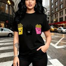 Camiseta de mujer con estampado divertido de comida rápida y símbolo rockero - camiseta casual de manga corta, ajuste cómodo y moderno, estilo urbano y juvenil - ideal para paseos por la ciudad, salidas con amigas y regalo perfecto para mamá, esposa, - Negro - Ver 7