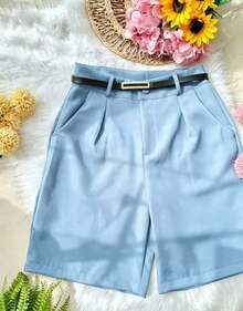 Women's Tailored Bermuda Shorts With Belt, Zipper, And Bag - 淺藍色 - 查看 2