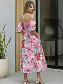 Vestido Largo Hombros Descubiertos Cinturón Ajustable Manga Bombacha Para Mujer - Rosa estampado - Ver 5