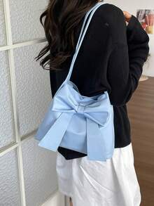 New Fashion Bucket Handbag, Bowknot Decor, Tote Shoulder Bag, Commuter Bag, Solid Color Handbag For Spring/Summer - Blue - View 6