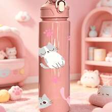 1/5pcs 750ml Cute Cat Print Water Bottle With Strap - Leak-Proof Sports Water Bottle With Various Adorable Cartoon Cat Designs In Light Blue, Blue, Purple And Pink, Suitable For Cat Lovers, Children, Teenagers And Students For School, Fitness, Outdoor Activities Or Daily Use. Also A Cute And Fun Gift For Birthday, Back To School Or Any Special Occasion. - Multicolored Kitten - View 6