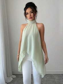 informal sin mangas color verde menta con cuello halter, top con bajo asimétrico para el verano - Verde - Ver 5