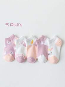 Paquete de 5 pares/10 pares/20 pares de calcetines tipo barco de malla con dibujos animados de conejo & zanahoria para niñas - Multicolor - Ver 16