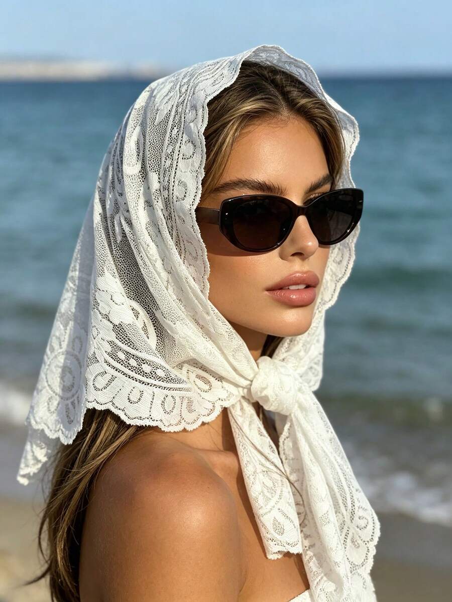 1 pieza Pañuelo para el cabello de encaje retro francés, pañuelo con patrón floral calado, accesorio versátil para el cabello para vacaciones en la playa/uso diario - Multicolor - Ver 1
