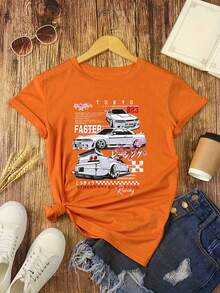 Tokyo Racing Cars Street Speed Digital Print Short Sleeve Unisex Pure Cotton Loose And Comfortable - Orange - View 8