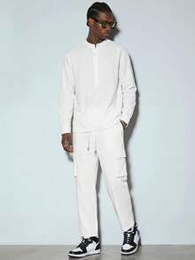 Modcrash Conjunto de camisa para hombre, estilo callejero casual de unicolor, largo y holgado, para exteriores, primavera y verano - Blanco - Ver 1