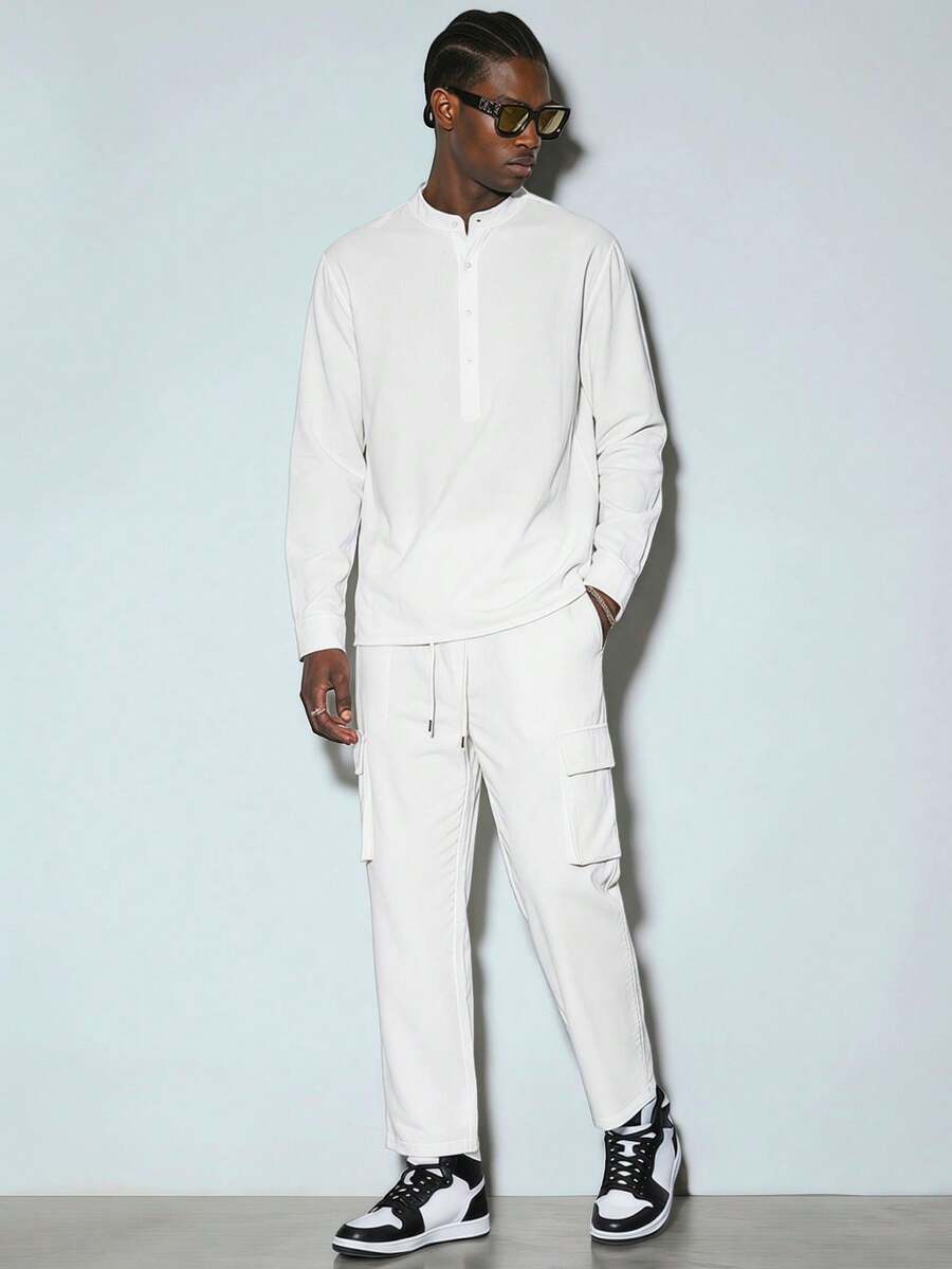 Modcrash Conjunto de camisa para hombre, estilo callejero casual de unicolor, largo y holgado, para exteriores, primavera y verano - Blanco - Ver 1