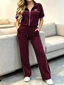 Set Busana Kasual Wanita Musim Semi/Gugur untuk Berpergian, Atasan Lengan Pendek dengan Resleting Warna Kontras Serbaguna dan Pinggang Tinggi Bergaris dengan Tali Serut, Longgar dan Elegan - Burgundy - View 6