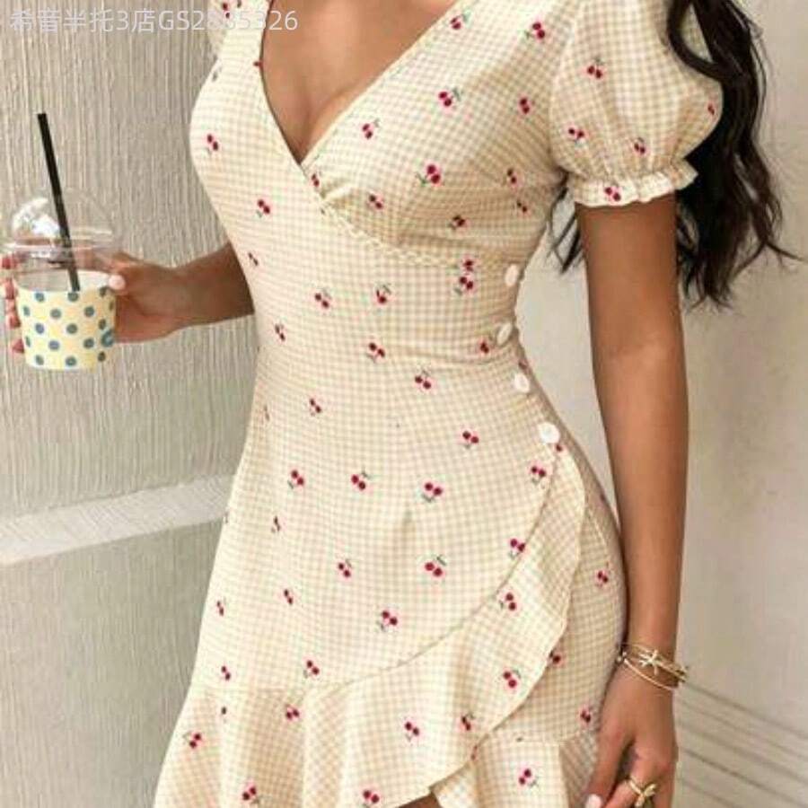 Yunuo Menswear Vestido corto con cuello en V, volantes y estampado de cerezas para mujer - Albaricoque - Ver 1