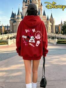 Disney Valentine's Minnie Mouse Castle & Hearts Hoodie, Women's Casual Long Sleeve Hooded Sweatshirt - Đỏ - Xem 6