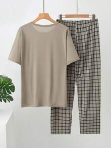 2pcs Men's Summer Lightweight Pajama Set, Short Sleeve Top And Long Pants, Men Sleepwear Set - Khaki - View 3