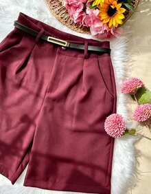Bermuda Alfaiataria Short Femenina Com Cinto com zipel com bolsa - Vinho - Visão 3