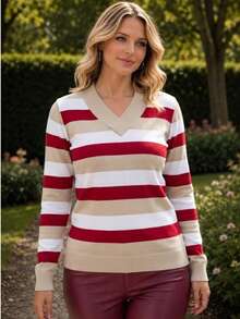Women's Striped Sweater Top | Women's Long Sleeve Striped Top | Striped V-Neck Top - 紅沙 - 查看 3