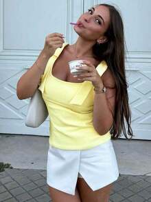 Top corto con lazo, Mujer, Verano, Amarillo, Blanco, Top de tirantes, Top de tirantes lindo con lazo, Top sin mangas con espalda descubierta, Top corto de estilo callejero Y2K casual para mujer - Dorado - Ver 5