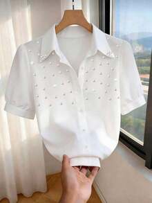 Blusa casual/de trabajo de manga corta elegante y ajustada con cuello con tachuelas para mujeres - Blanco - Ver 3