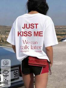 T-Shirt Da Donna Estiva Con Stampa Di Lettere Rosse, Maglietta Bianca In Cotone Con Slogan Casual Stile Y2K Streetwear, Top Comodo Girocollo - 黑色 - 查看 9