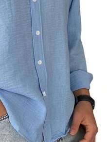 Camisa casual de manga larga azul sólida para hombre, camisa de moda minimalista de ocio al aire libre, chaqueta casual - Azul cadete - Ver 8