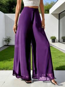 Women's Casual Wide Leg Pants, HighWaistedElastic Waist Flowy Trousers, Lightweight Breathable Outfit For Travel,Summer Outfits For Women Capri Pants - 紫色 - 查看 5
