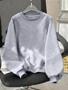 sweat-shirt à col rond manches longues couleur unie minimaliste pour garçons, mode décontractée, convient pour le port extérieur en automne/hiver - Gris - Voir 2