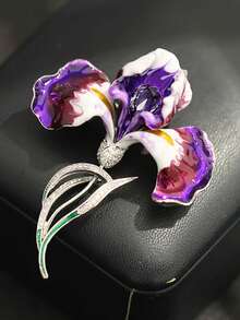 1PC "Elegant Iris Flower Enamel Brooch With Accents - Purple & White Gradient Vintage Women' Fashion Jewelry | Perfect Accessory For Dresses, Coats & Special Occasions " - Multicolor - View 5